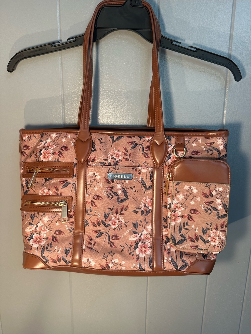 Fiorelli Floral Shoulder Bag in tan Blush Pink flowers with Tan Trim